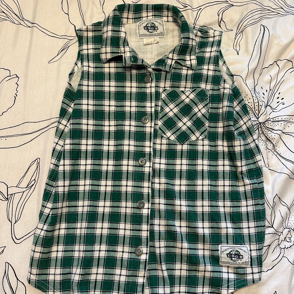 Vintage Green and White Plaid Sleeveless Button Up Shirt